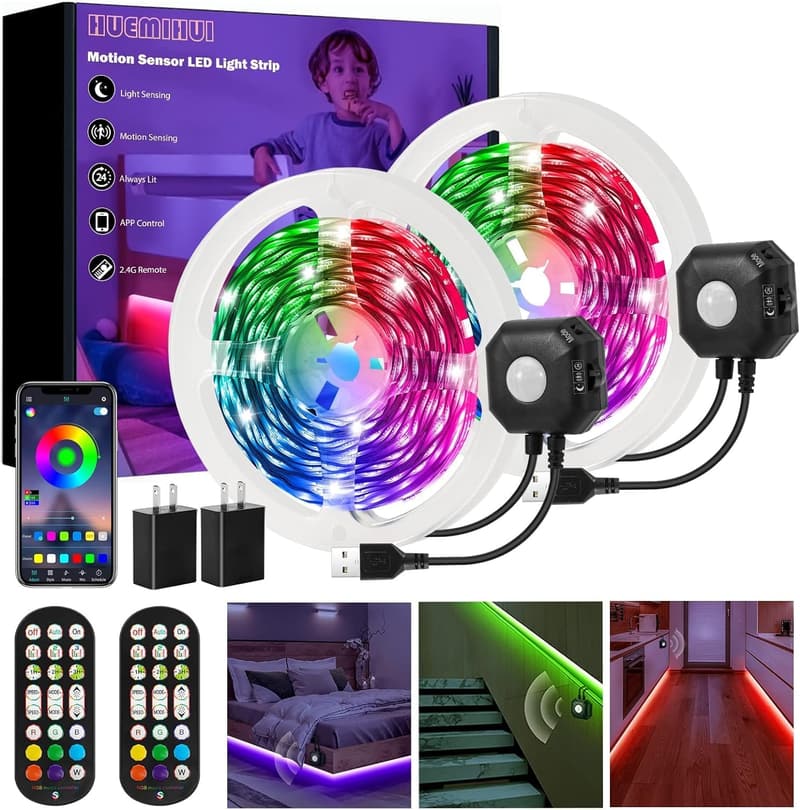 Motion Sensor RGB LED Strip Lights for Bed and Closet
