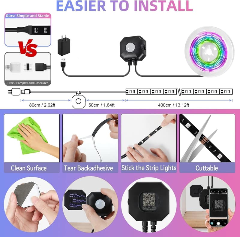 Motion Sensor RGB LED Strip Lights for Bed and Closet