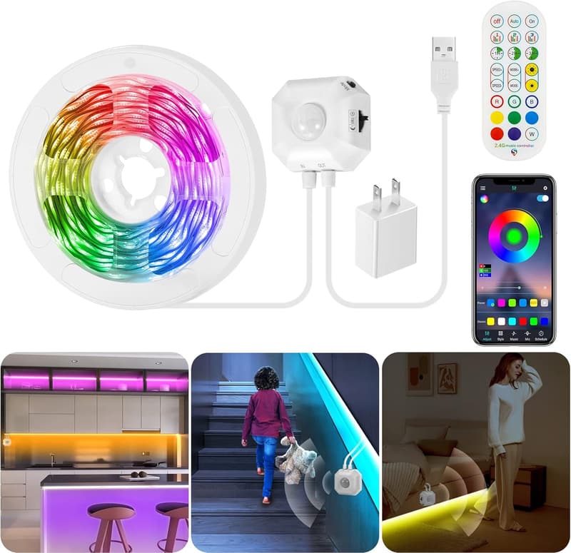 USB-Powered RGB LED Strip Lights with Motion Sensor for Indoor Use