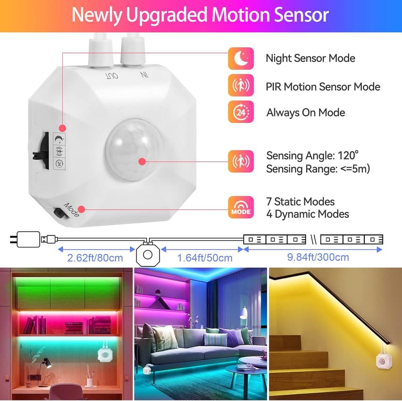 USB-Powered RGB LED Strip Lights with Motion Sensor for Indoor Use