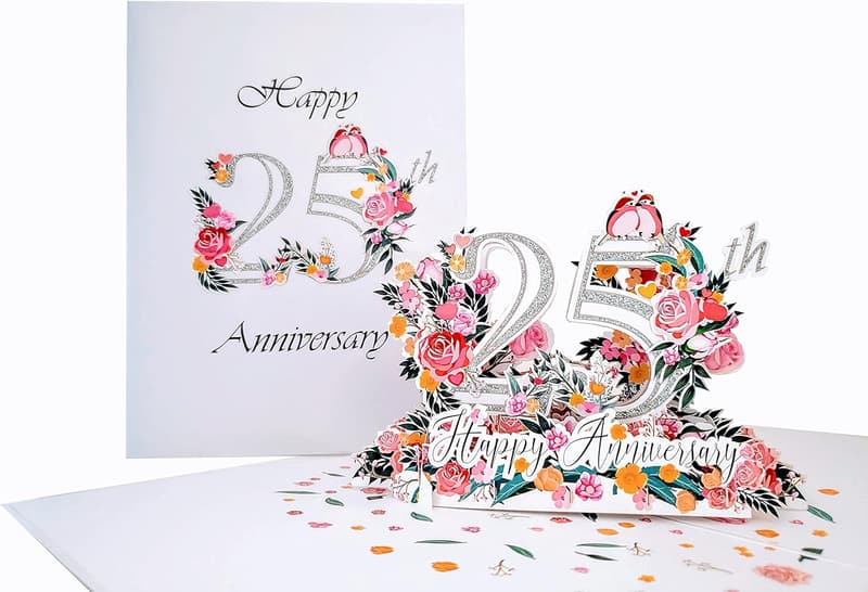 25th Anniversary 3D Pop-Up Card - Soulmates Silver Lovebirds