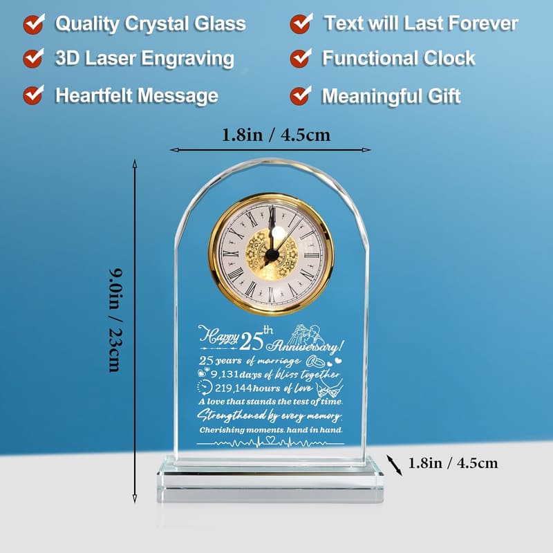 25th Anniversary Crystal Quartz Clock Gift for Couples