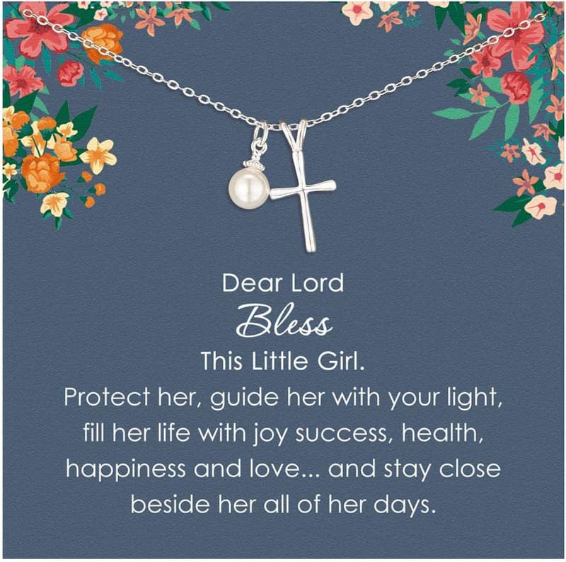 First Communion Sterling Silver Cross Necklace with Pearl