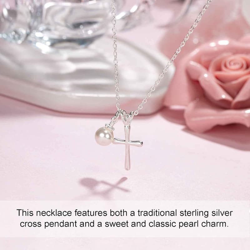 First Communion Sterling Silver Cross Necklace with Pearl