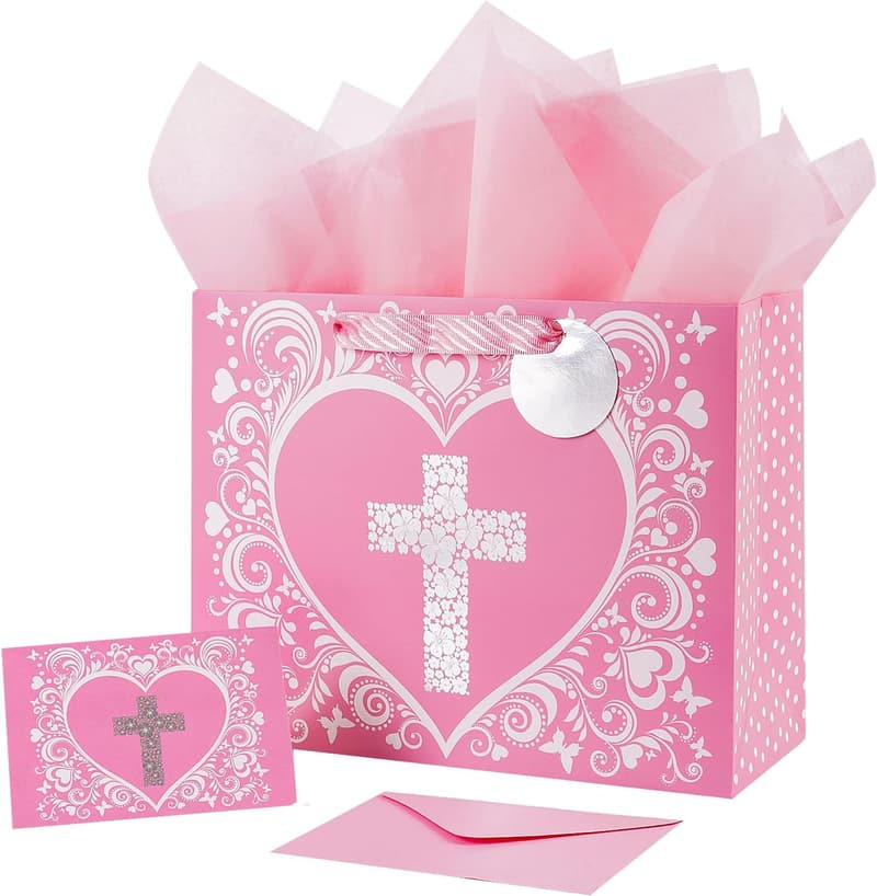 Large Pink Gift Bag with Silver Floral Design for Baby Girl Baptisms