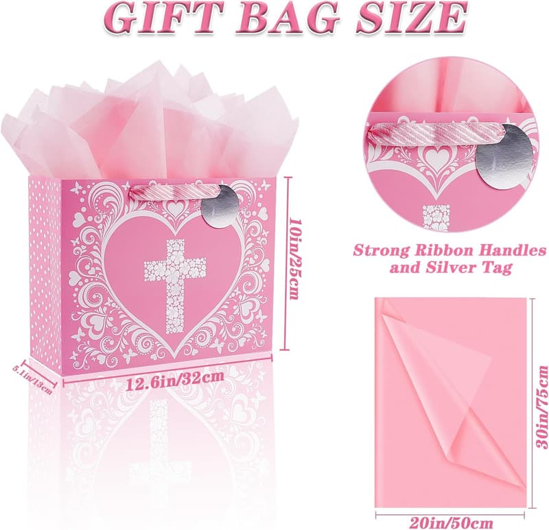 Large Pink Gift Bag with Silver Floral Design for Baby Girl Baptisms