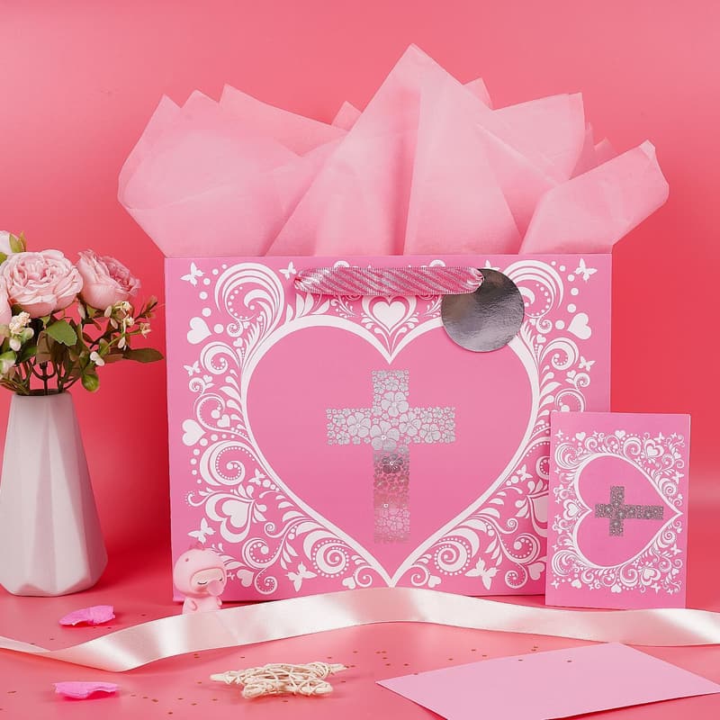 Large Pink Gift Bag with Silver Floral Design for Baby Girl Baptisms