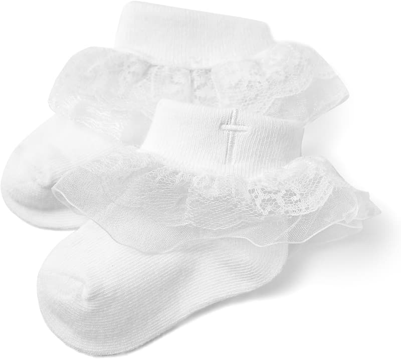 White Baptism Socks with Cross & Eyelet Lace for Baby Girls