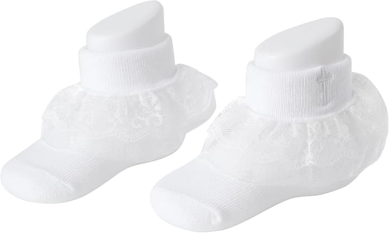 White Baptism Socks with Cross & Eyelet Lace for Baby Girls