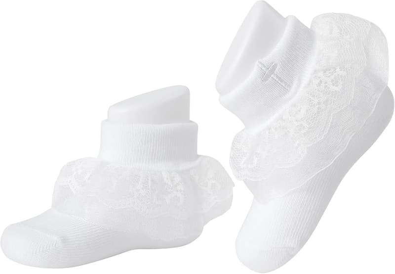 White Baptism Socks with Cross & Eyelet Lace for Baby Girls