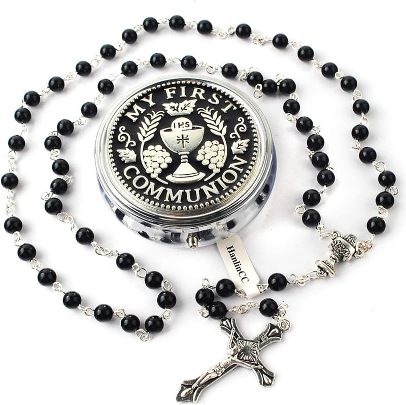 First Communion Glass Pearl Rosary with Chalice and Crucifix