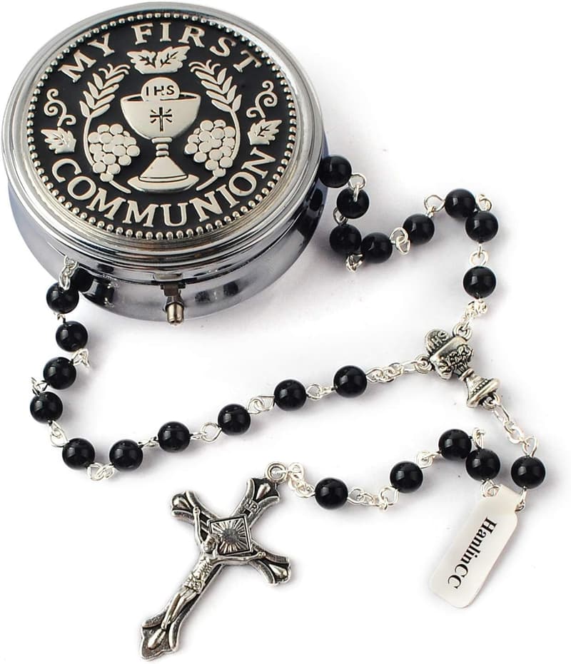 First Communion Glass Pearl Rosary with Chalice and Crucifix