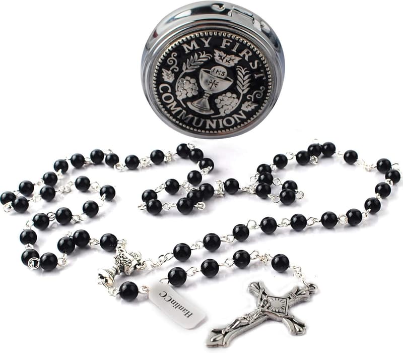 First Communion Glass Pearl Rosary with Chalice and Crucifix