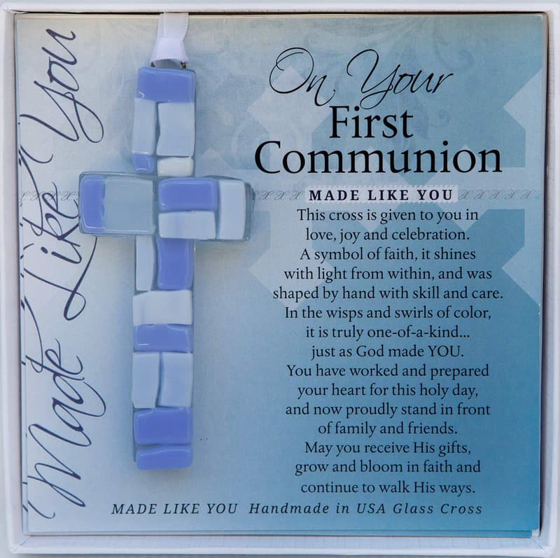 First Communion Gift - Handmade Blue Mosaic Glass Cross