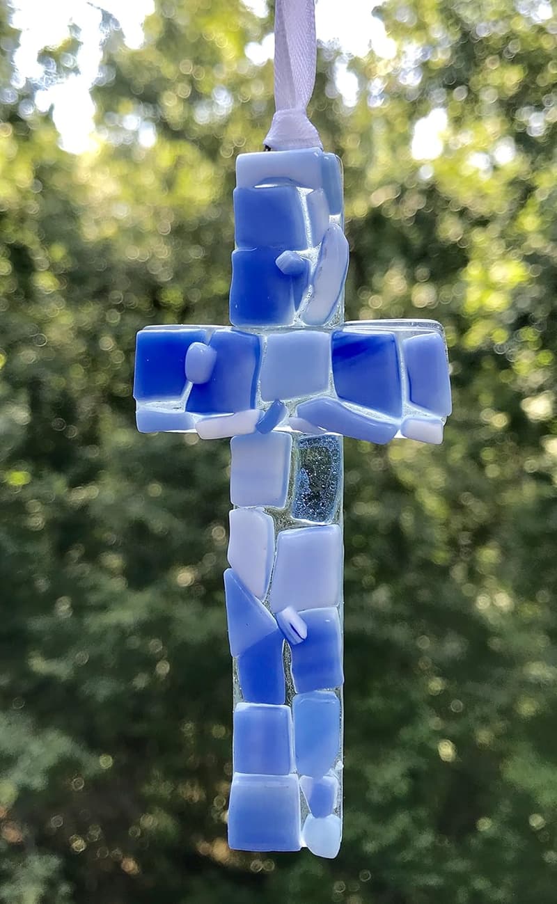 First Communion Gift - Handmade Blue Mosaic Glass Cross