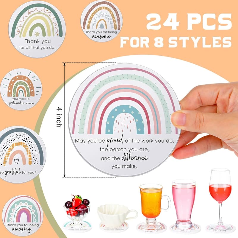 Thank You Coasters Set - 24 Absorbent Ceramic Mats for Teachers