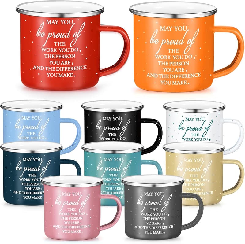 Employee Appreciation Enamel Coffee Mugs Set - 10 Pack, 12 oz