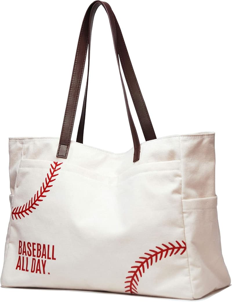 Baseball Mom Canvas Tote Bag with Pockets