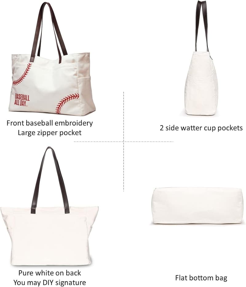Baseball Mom Canvas Tote Bag with Pockets