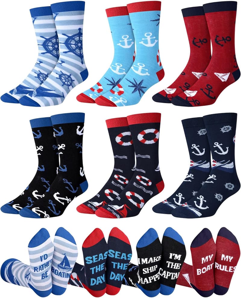 Men's Boating Socks - Nautical Casual Crew Gift Set (6 Pairs)