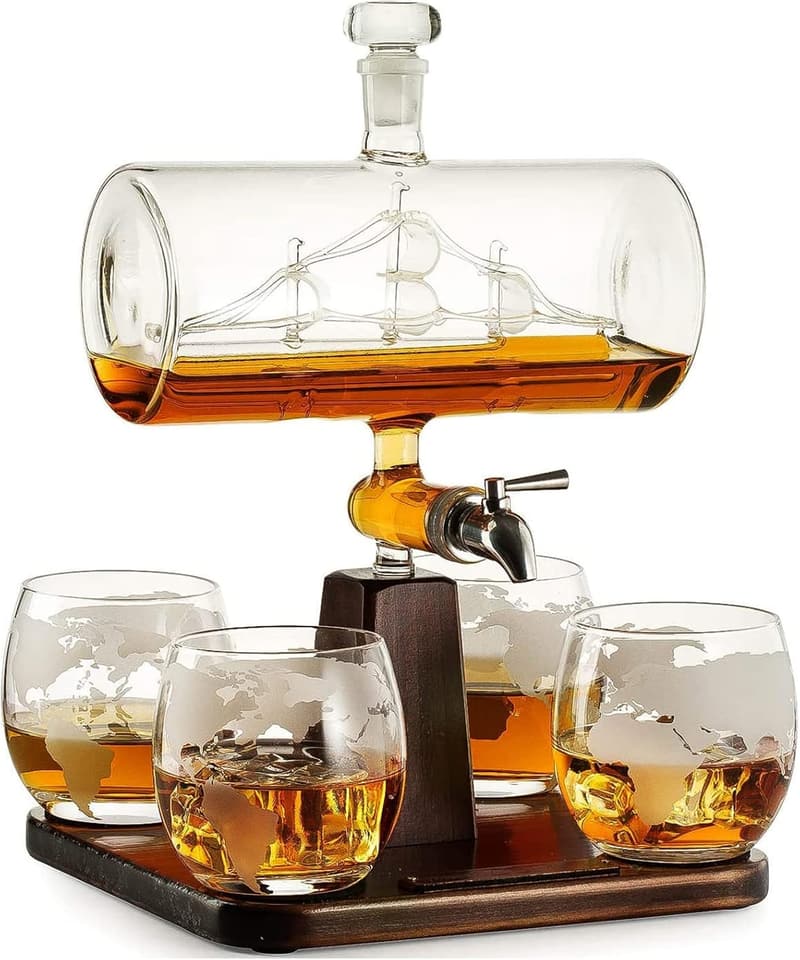 Globe Whiskey Decanter Set with 4 Etched Glasses - Gift for Dad
