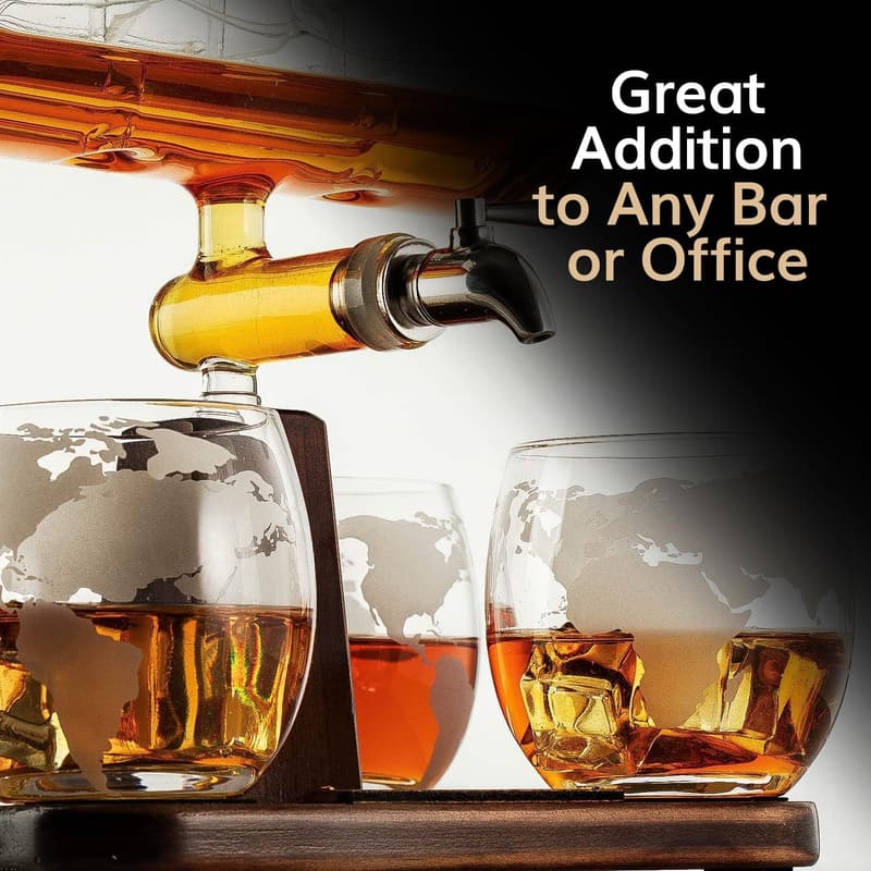 Globe Whiskey Decanter Set with 4 Etched Glasses - Gift for Dad