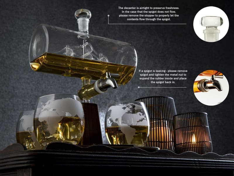 Globe Whiskey Decanter Set with 4 Etched Glasses - Gift for Dad