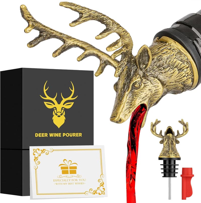 Hunting-themed Birthday Gift: Bronze Deer Head Wine Pourer & Stopper