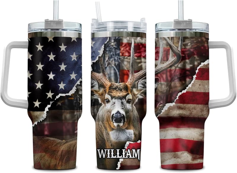 Personalized 40oz Hunting Tumbler with American Flag for Men
