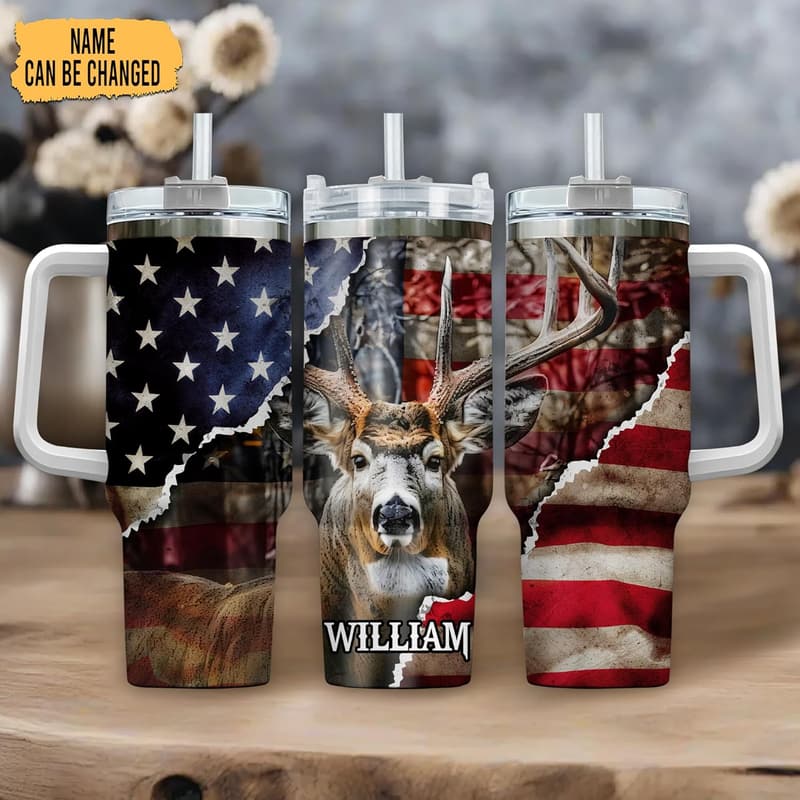 Personalized 40oz Hunting Tumbler with American Flag for Men