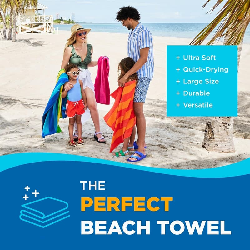 Oversized 100% Cotton Beach Towels - Quick-Drying, 4 Pack