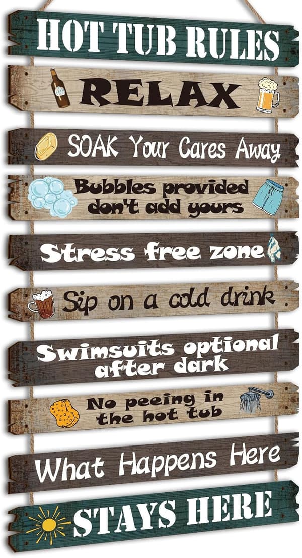 Funny Outdoor Hot Tub & Pool Rules Wood Sign for Backyard Decor