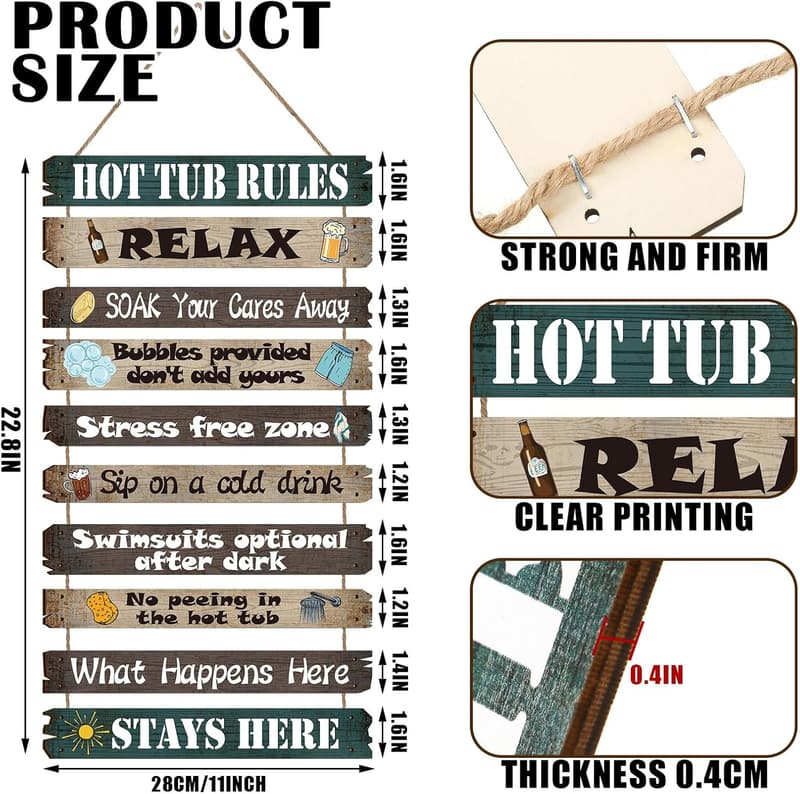 Funny Outdoor Hot Tub & Pool Rules Wood Sign for Backyard Decor