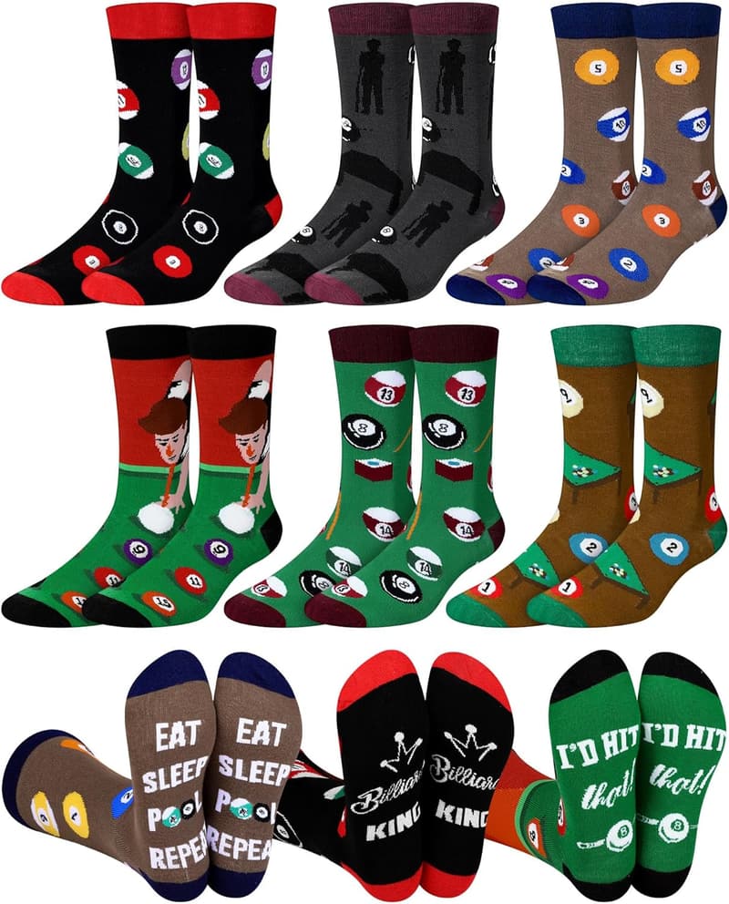 Billiards Gift Socks for Men, 6 Pairs Cotton Crew, Holiday Fun