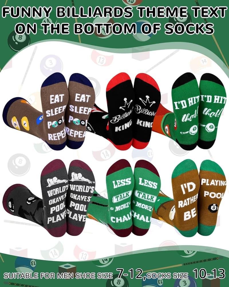 Billiards Gift Socks for Men, 6 Pairs Cotton Crew, Holiday Fun
