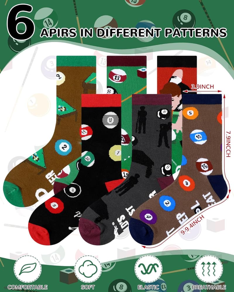 Billiards Gift Socks for Men, 6 Pairs Cotton Crew, Holiday Fun