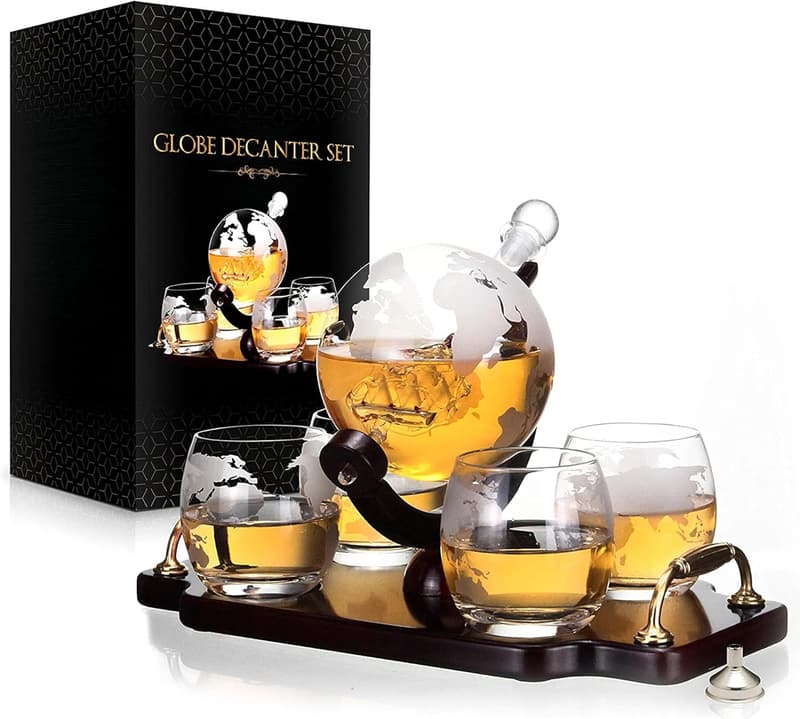 Antique Ship Whiskey Globe Decanter Set - 28 oz with 4 Glasses