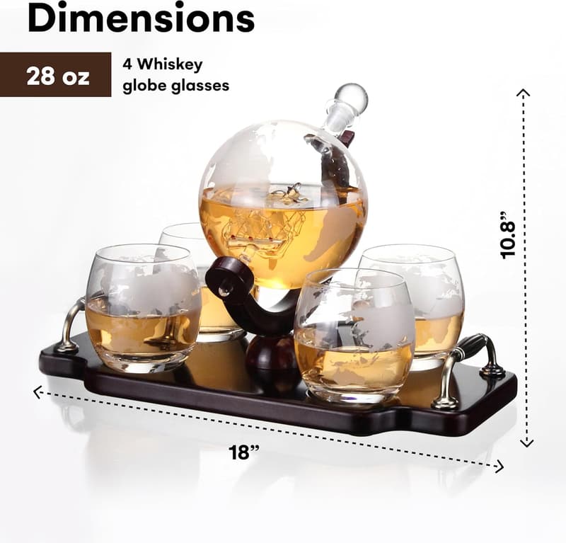 Antique Ship Whiskey Globe Decanter Set - 28 oz with 4 Glasses