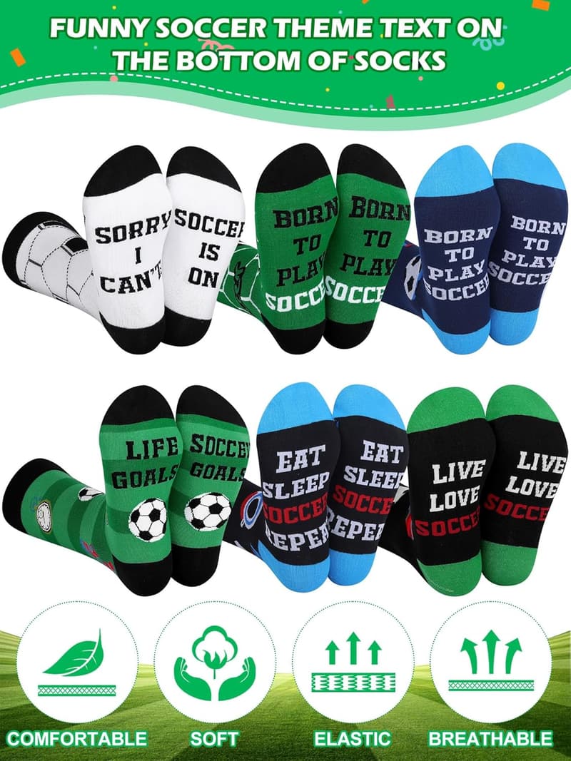 Funny Soccer Socks for Men - 6 Pairs Sports Gifts for Dad