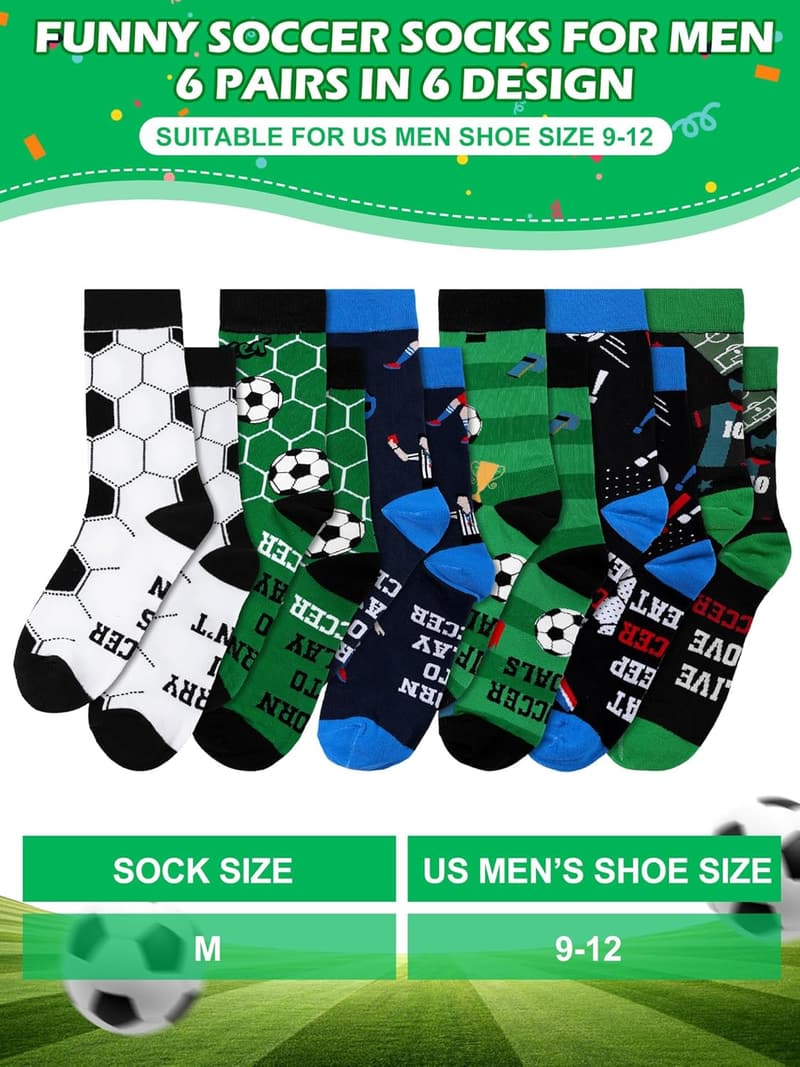 Funny Soccer Socks for Men - 6 Pairs Sports Gifts for Dad