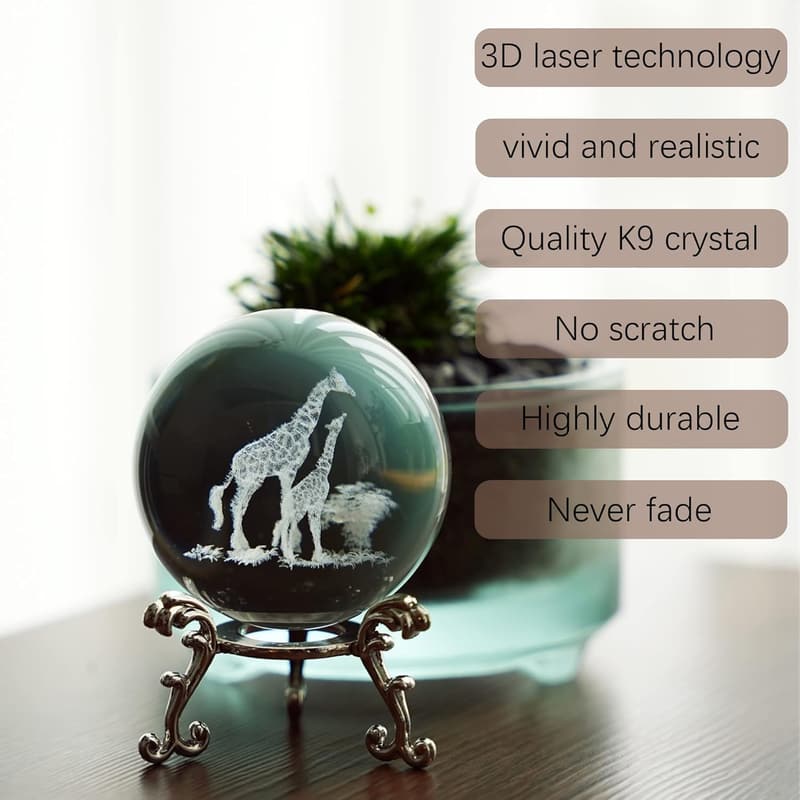 3D Laser Engraved Giraffe Crystal Ball Paperweight for Mom