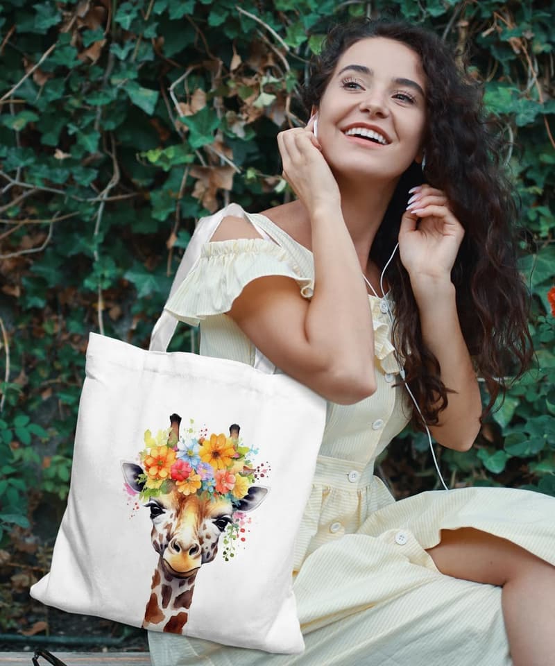 Giraffe Canvas Tote Bag for Women - Reusable Shopping Bag