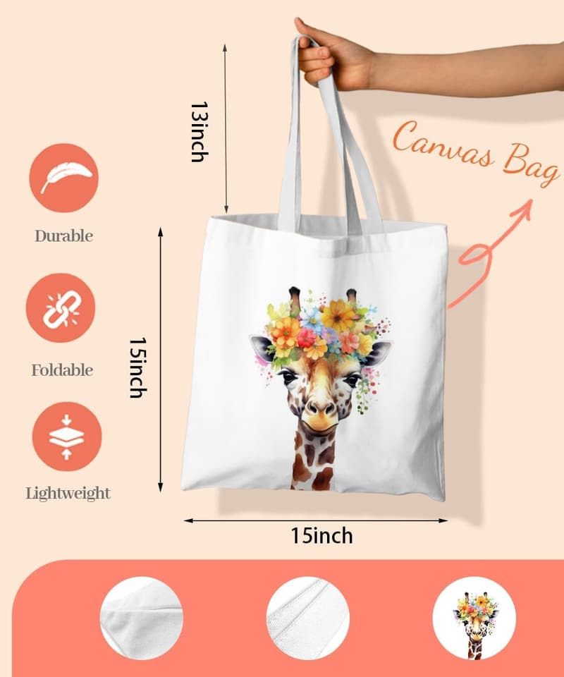 Giraffe Canvas Tote Bag for Women - Reusable Shopping Bag