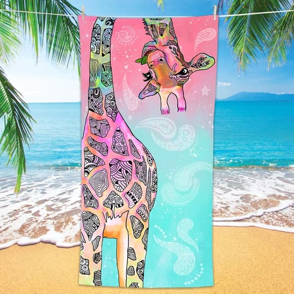 Cute Teal Pink Giraffe Beach Towel – Quick Dry Travel Towel for Kids & Women