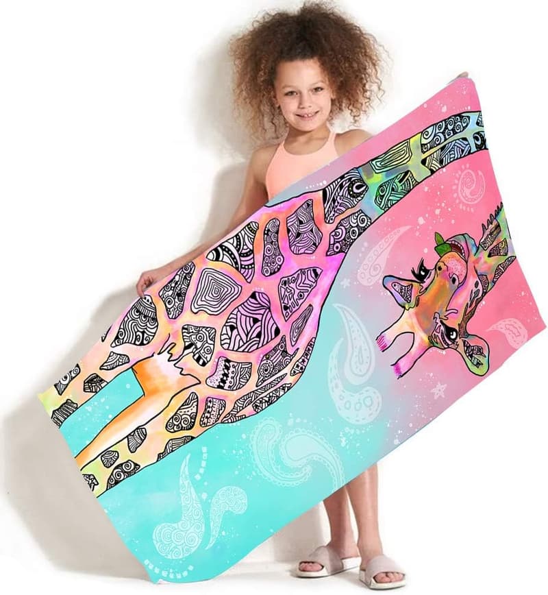Cute Teal Pink Giraffe Beach Towel – Quick Dry Travel Towel for Kids & Women