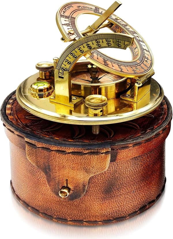 Brass Sundial Compass with Leather Case - Nautical Gift for Men
