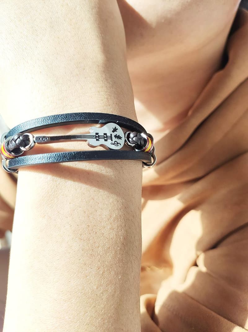 Handmade Black Leather Cuff Bracelet for Men, Adjustable