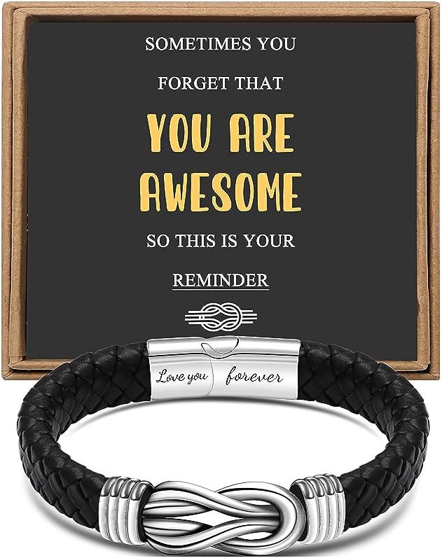 Men's Black Braided Leather Infinity Bracelet with Engraving
