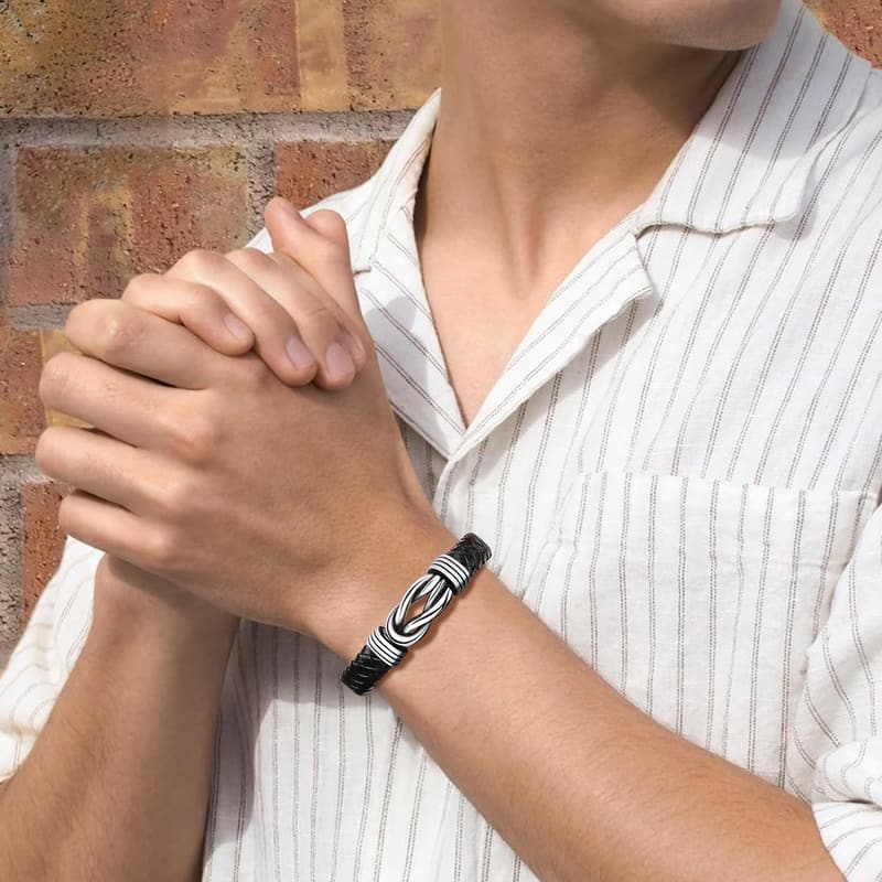 Men's Black Braided Leather Infinity Bracelet with Engraving