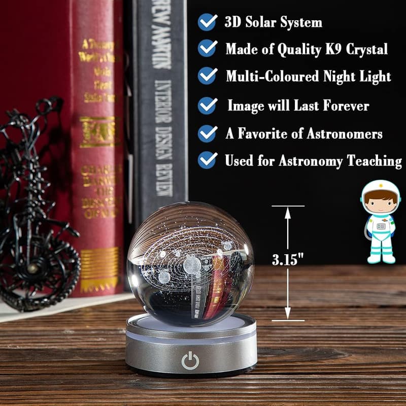 3D Solar System Crystal Ball Model - Space Night Light Gift